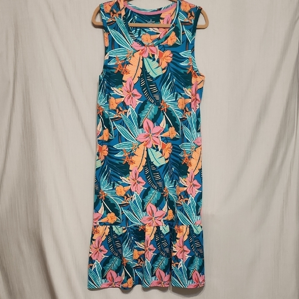 Cuddl Duds Tropical Print Boho Sundress Sleeveless Teal Floral Ruffle Hem Sz XL